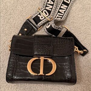 Black Crocodile Embossed Bag with Gold Accents